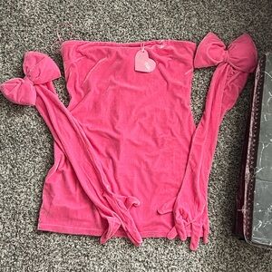 Dolls Kill Hot Pink Strapless Velvet Top with Bow Sleeve Ties